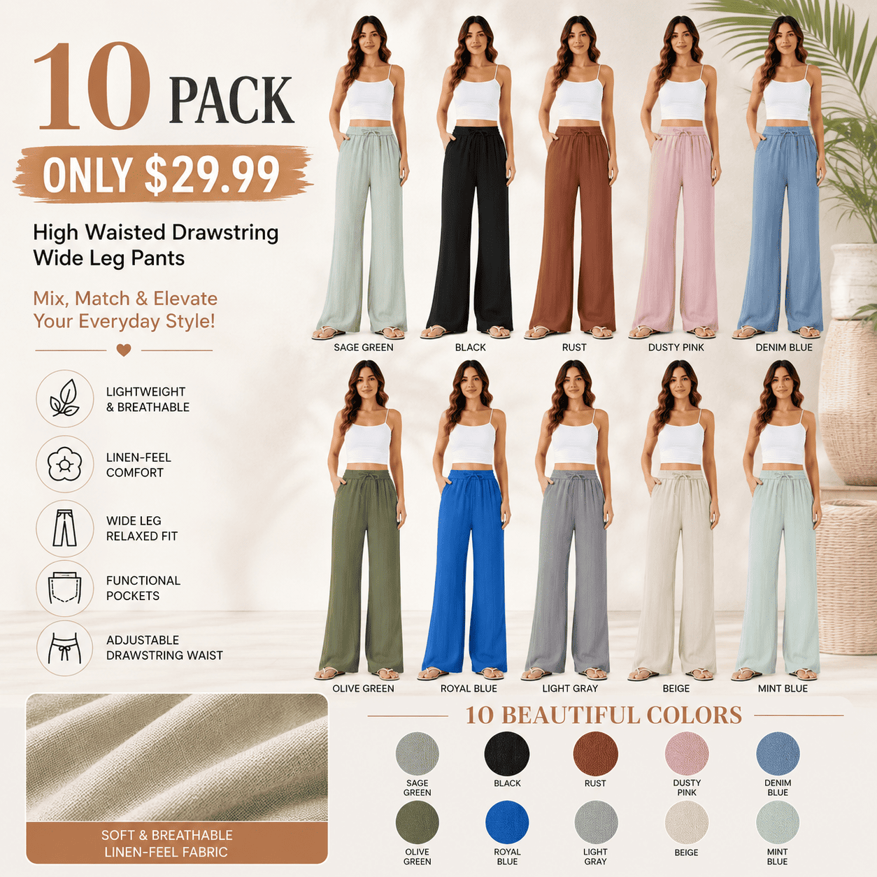 High Waisted Drawstring Wide Leg Casual Pants